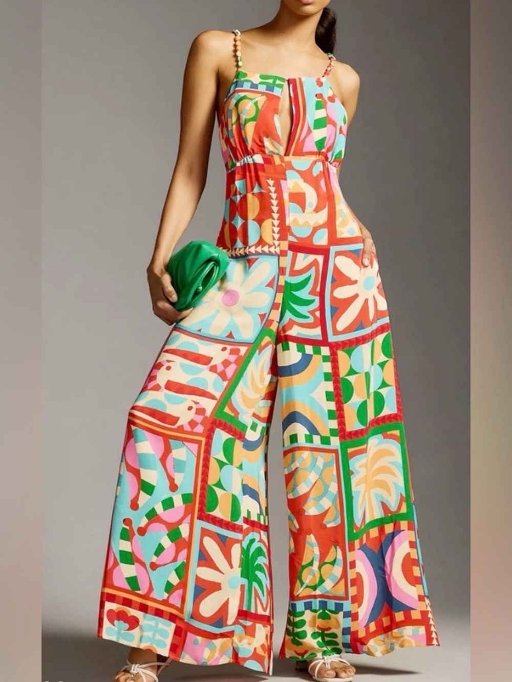FARM Rio Multicolor Patchwork Wide-Leg Jumpsuit with Coral & Green